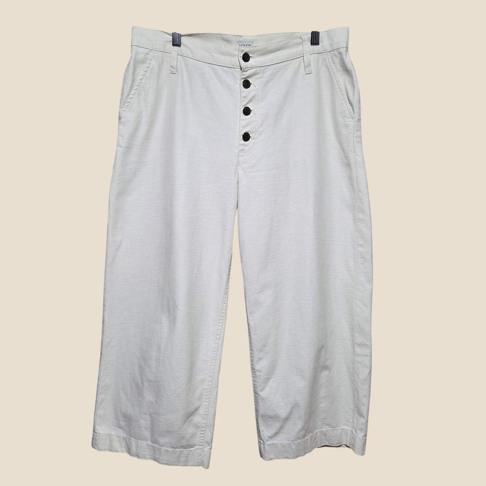 J.Crew Womens Wide Leg Crop Pants Off White Button Fly Cotton Size 30